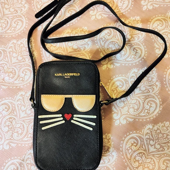 Karl Lagerfeld Black and Gold Cat Phone Crossbody Bag - Picture 2 of 8